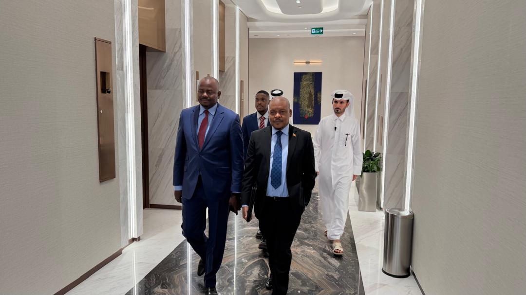 Uganda’s Acting Foreign Affairs Minister, Hon. Haruna Kasolo Kyeyune, and Uganda’s Special Presidential Envoy to Qatar, H.E. Amb. Dr. Rashid Yahya Ssemuddu, walk during the Minister’s official engagements in Doha.