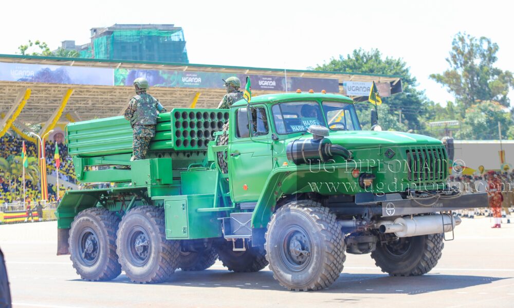 BM-21 Grad 122 mm multiple rocket launcher mounted on a Ural-4320 truck chassis on display during President Yoweri Museveni's inauguration, May 12, 2026. PHOTO BY ALEX MASEREKA JOEL