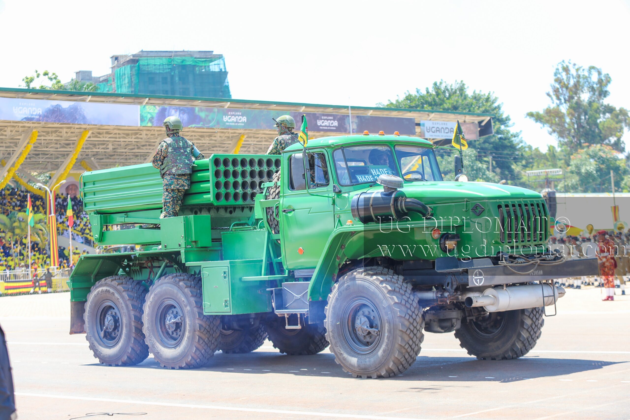 BM-21 Grad 122 mm multiple rocket launcher mounted on a Ural-4320 truck chassis on display during President Yoweri Museveni's inauguration, May 12, 2026. PHOTO BY ALEX MASEREKA JOEL